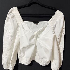 Express White Puff-Sleeve Tie-Front Crop Blouse